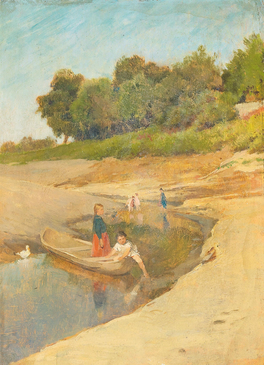 Children Playing in a Stream in Summer by Lajos Deák-Ébner